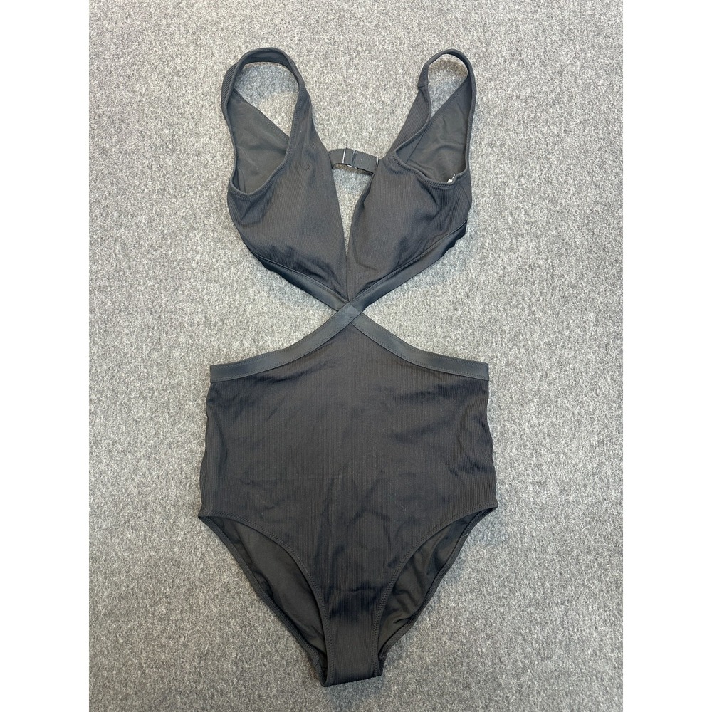 NWT Aerie Ribbed Mix Crossover Cut Out One Piece Swimsuit Black Size Medium Long - Picture 2 of 16